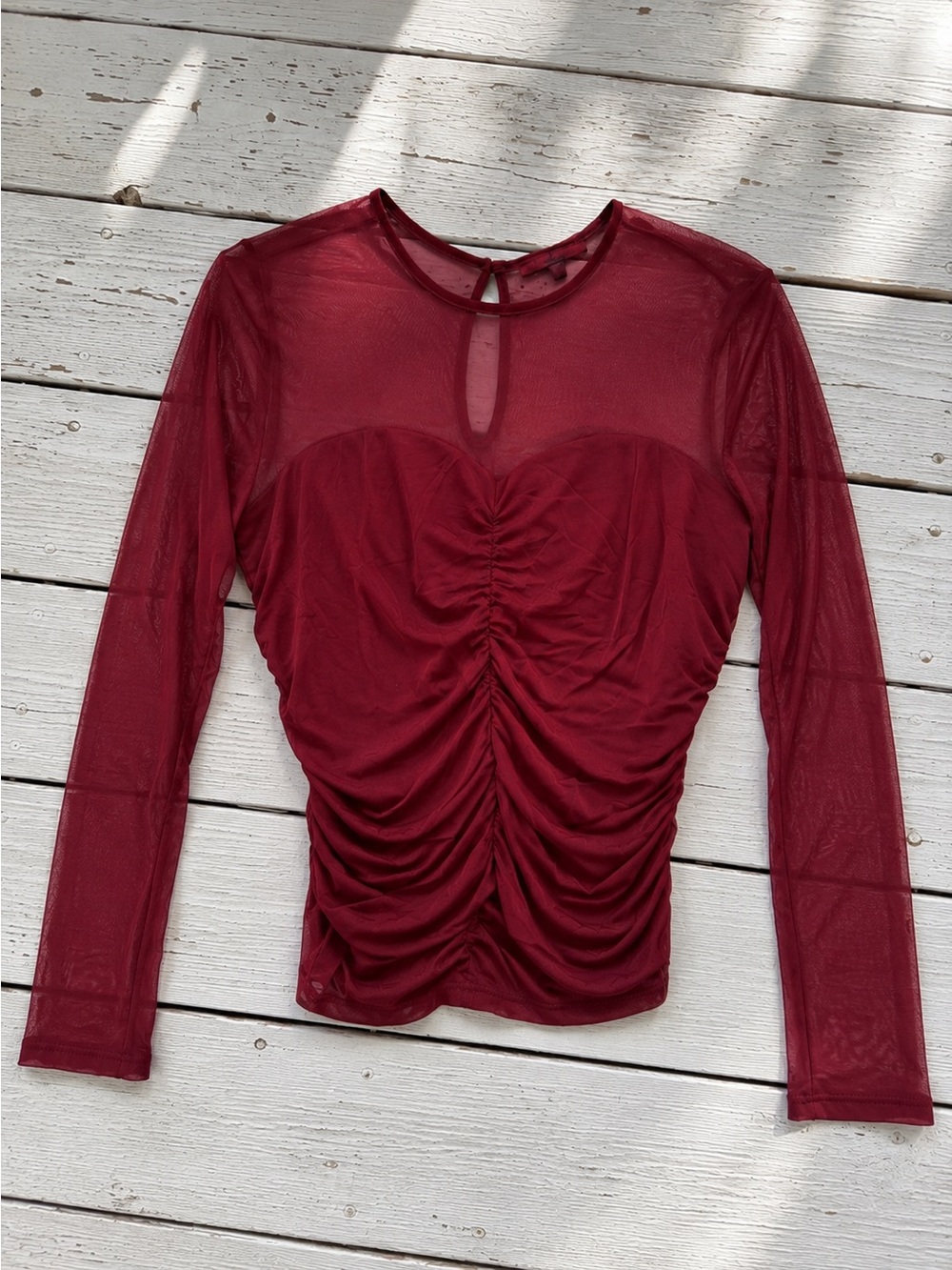 Red by BKE Burgundy Mesh Ruched Sheer Long Sleeve Going Out Top Size L